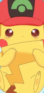 Cute Pikachu with red cap on blue striped background.