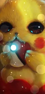 Cute Pikachu holding a glowing Pokeball in a digital wallpaper.