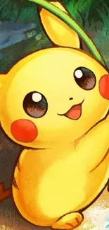 Adorable Pikachu holding a stick in cartoon style.