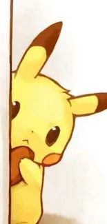 Adorable yellow Pikachu peeks playfully around a wall on a cute mobile wallpaper.