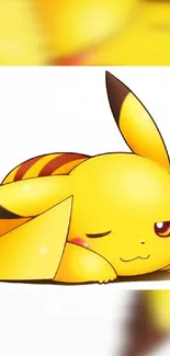 Adorable anime Pikachu sleeping peacefully on a vibrant yellow wallpaper.