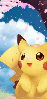 Pikachu happily stands under cherry blossoms with a blue sky background.