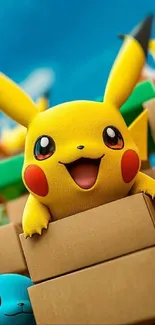 Smiling Pikachu popping out of a cardboard box.