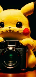 Cute Pikachu holding a camera with a yellow background.