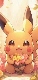 Cute Pikachu holding flowers, surrounded by vibrant blooms.