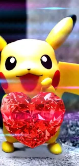 Cute Pikachu holding a sparkling red heart gem in a colorful background.