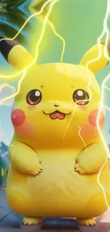 Pikachu with lightning in a colorful scene.