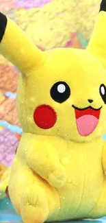 Adorable Pikachu plush in front of a colorful world map.