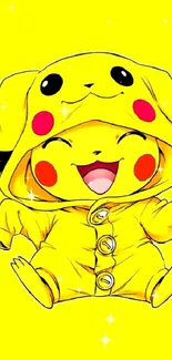 Adorable Pikachu wearing a yellow onesie with a happy expression.