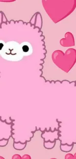 Pink alpaca and hearts wallpaper for mobile phone.