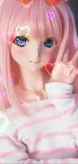 Anime girl with pink hair, peace sign, and heart background.