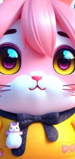 Cute pink anime cat with large eyes and yellow shirt.