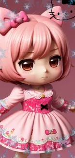 Pink anime doll with cute design on wallpaper.