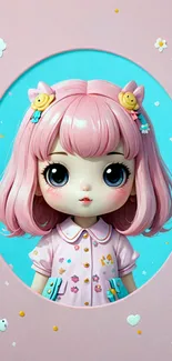 Cute pink-haired anime doll with colorful details.