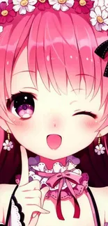 Cute pink anime girl with floral accents and winking expression.