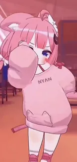 Adorable anime character in pink sweatshirt in a classroom setting.