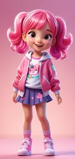 Cute anime character with pink hair in vibrant outfit.