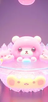 Cute pink bear sitting in a sparkling bowl, perfect for mobile wallpaper.