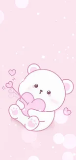 Cute pink bear holding a heart on pastel background.