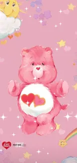 Cute pink bear with hearts and rainbow on pink background.