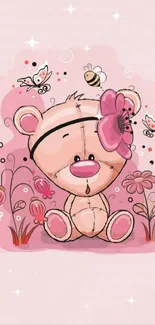 Pink teddy bear with flowers and bees on a soft background.