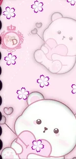 Cute pink bear wallpaper with floral and heart accents.