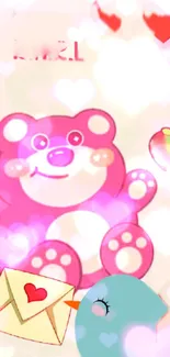 Cute pink bear with hearts and a bird delivering love letters on wallpaper.