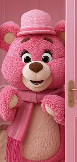 Cute pink bear peeking through pink door.