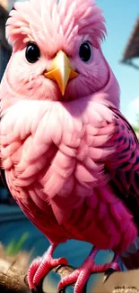 Colorful pink cartoon bird perched on a branch.