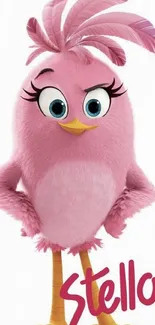 Adorable pink cartoon bird with fluffy feathers on white background.