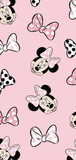 Cute pink wallpaper with bows and character faces.