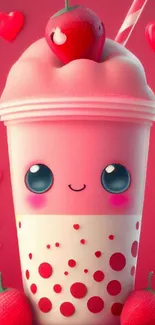 Cute pink bubble tea with hearts and strawberries in a kawaii style.