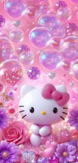 Cute cartoon cat with pink bubbles and flowers wallpaper.