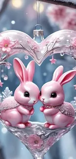 Two pink bunnies in a heart ornament with flowers.