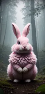 Pink fluffy bunny in a misty forest setting.