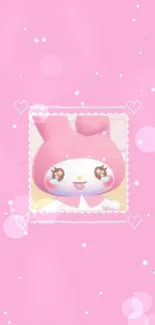 Adorable pink bunny cartoon wallpaper with heart accents.