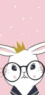 Cute bunny with glasses on pink background.