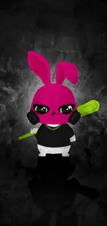 Cute pink bunny with green accessories on a dark background.