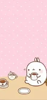 Cute pink bunny with coffee on a pastel mobile wallpaper.