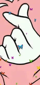 White hand with colorful butterflies on pink background.