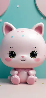 Cute pink cartoon cat with big eyes and pastel background.