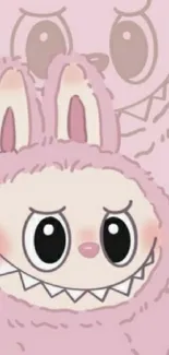 Cute pink furry creature cartoon wallpaper with a big smile.