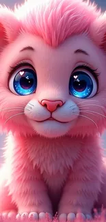 Cute pink cartoon lion cub with blue eyes and hearts.