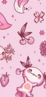 Cute pink cartoon characters with floral and fruit elements.