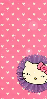 Pink cartoon wallpaper with hearts and a cute character face.