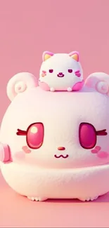 Cute pink bear with tiny cat on head against pastel background.