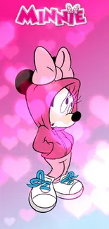 Cute cartoon character in pink outfit on gradient background.