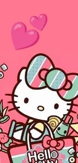 Hello Kitty surrounded by hearts on a pink wallpaper.