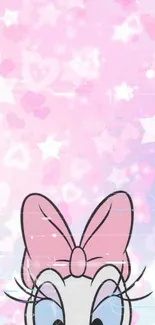 Cute pink cartoon wallpaper with hearts and stars.