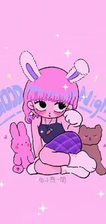 Cute pink cartoon wallpaper with a character and bunnies.